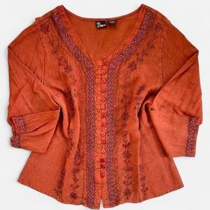 My Choice Boho Hippie Burnt Orange Embroidered Rayon Blouse Top L Large